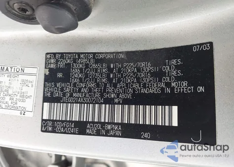 2003 Toyota Highlander from USA, damaged, VIN JTEGD21AX30072104
